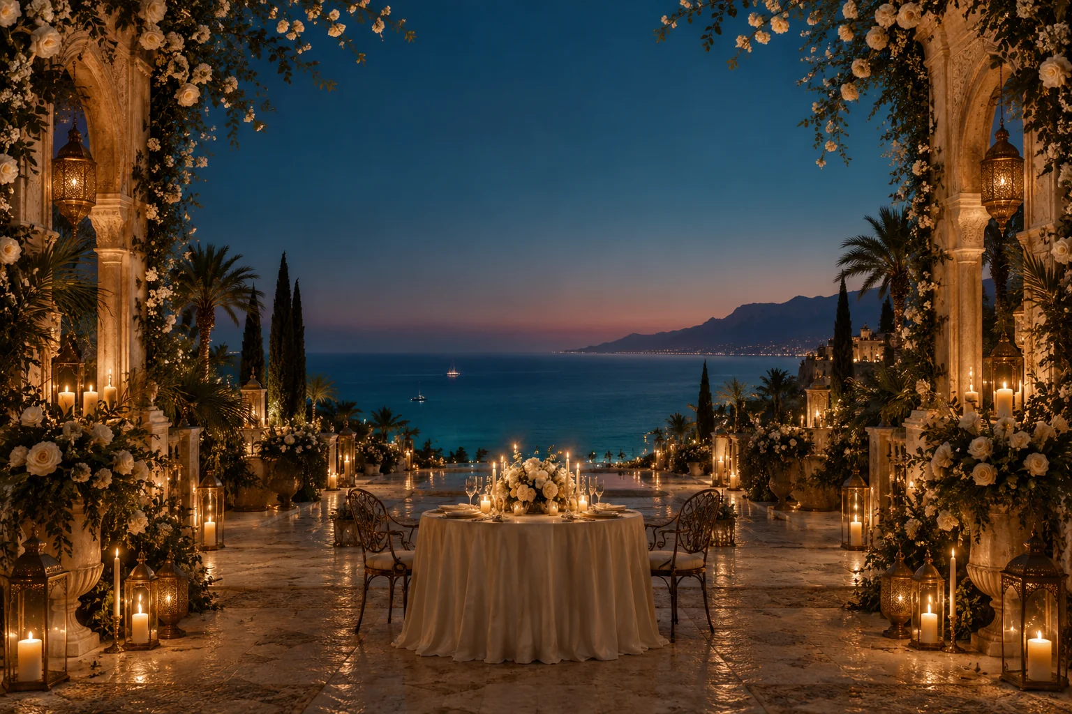 An imagined candlelit palace garden beside the sea at twilight